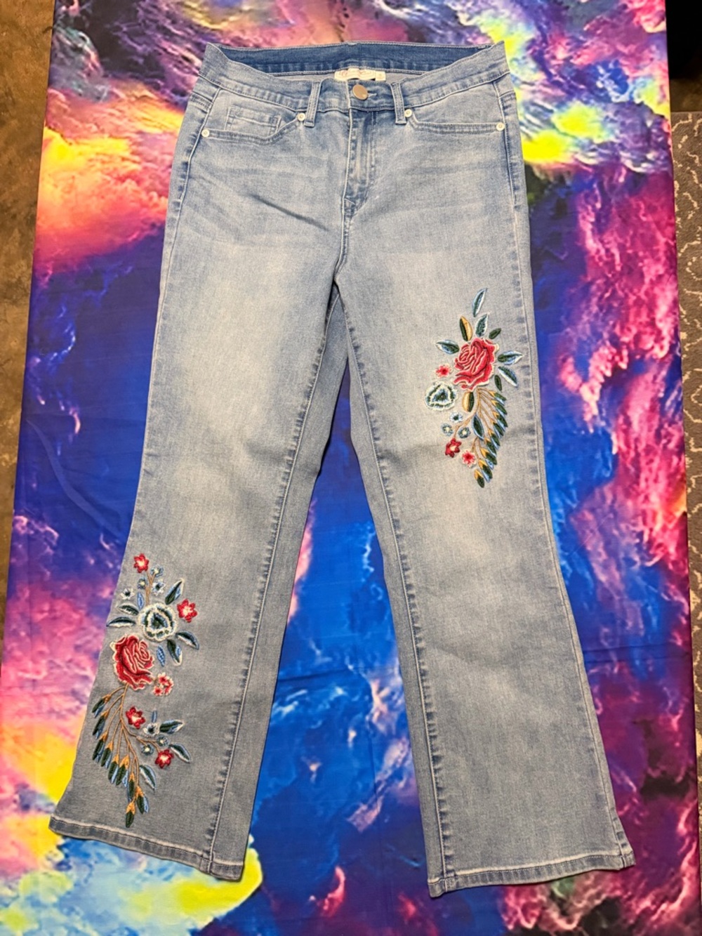 DG2 by Diane Gilman Light Wash Flare Jeans with Rose Embroidery